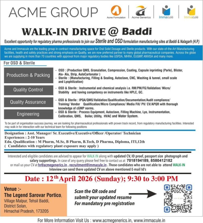 ACME Group – Walk-In Interview For Multiple Departments on 12 April 2026