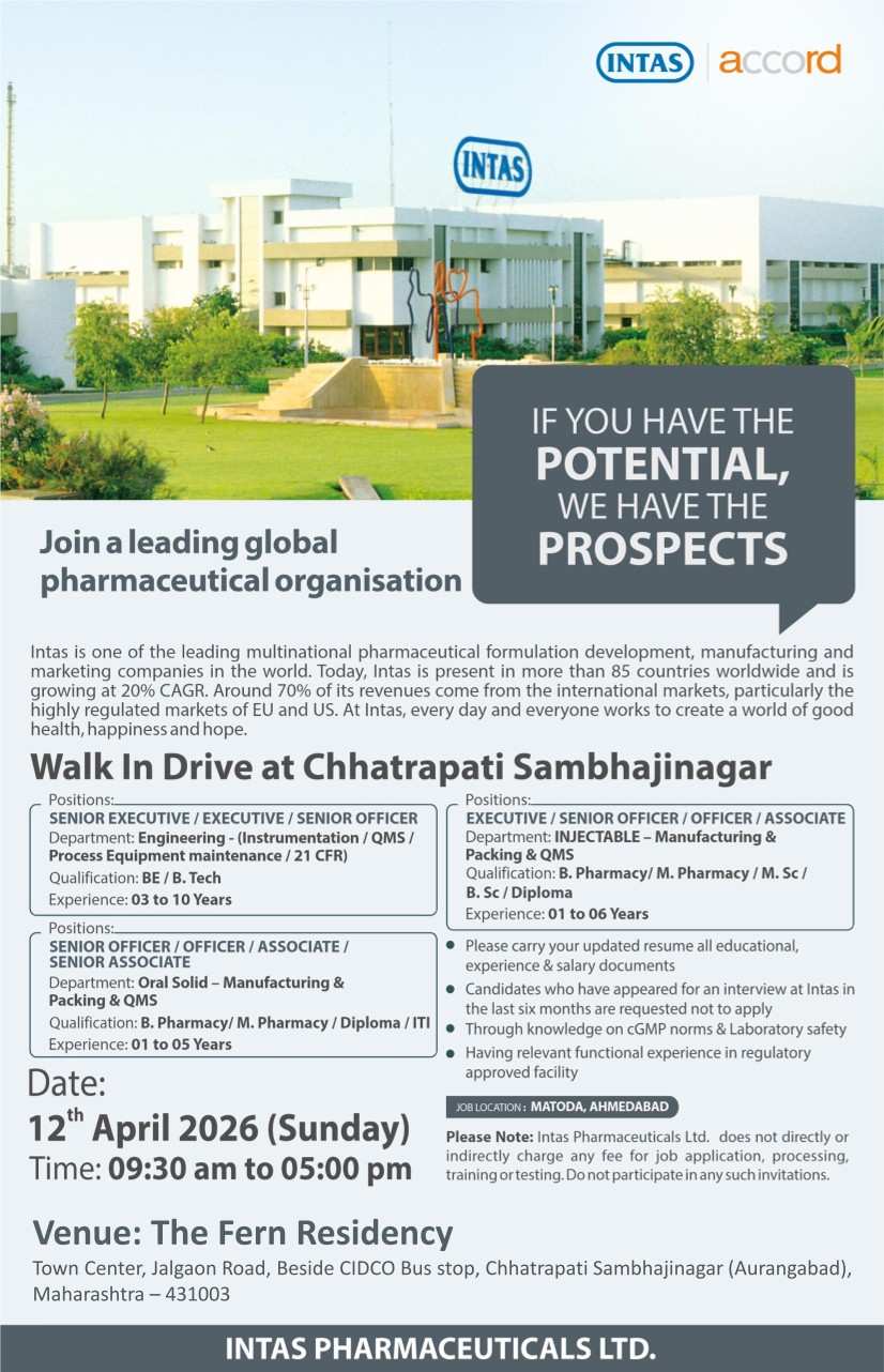 Intas Pharmaceuticals Ltd – Walk-In Interview For Multiple Departments on 12 April 2026