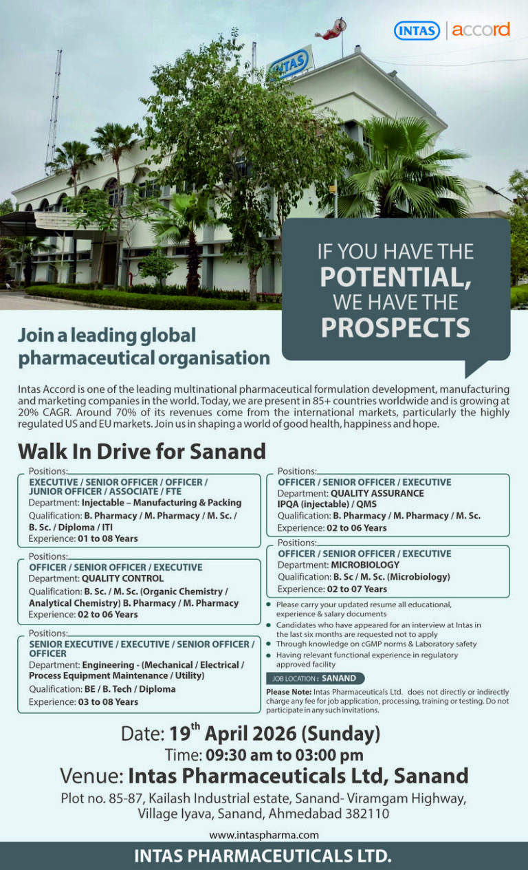 Intas Pharmaceuticals Ltd – Walk-In Interview For Multiple Departments on 19 April 2026