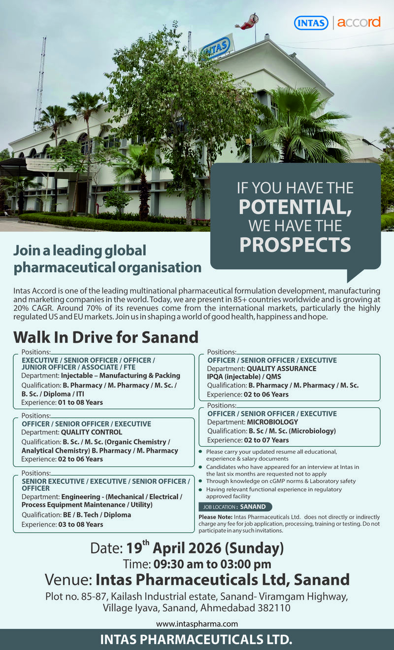 Intas Pharmaceuticals Ltd – Walk-In Interview For Multiple Departments on 19 April 2026