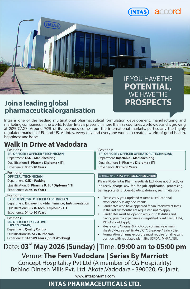 Intas Pharmaceuticals Ltd – Walk-In Interview For Multiple Departments on 3 May 2026
