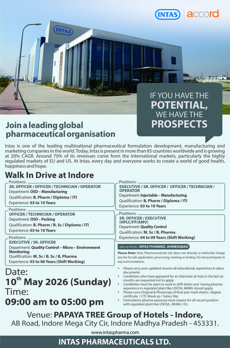 Intas Pharmaceuticals Ltd – Walk-In Interview For Multiple Departments on 10 May 2026