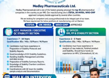 Medley Pharmaceuticals Ltd – Walk-In Interview For QC Stability & QC Officer on 12 April 2026
