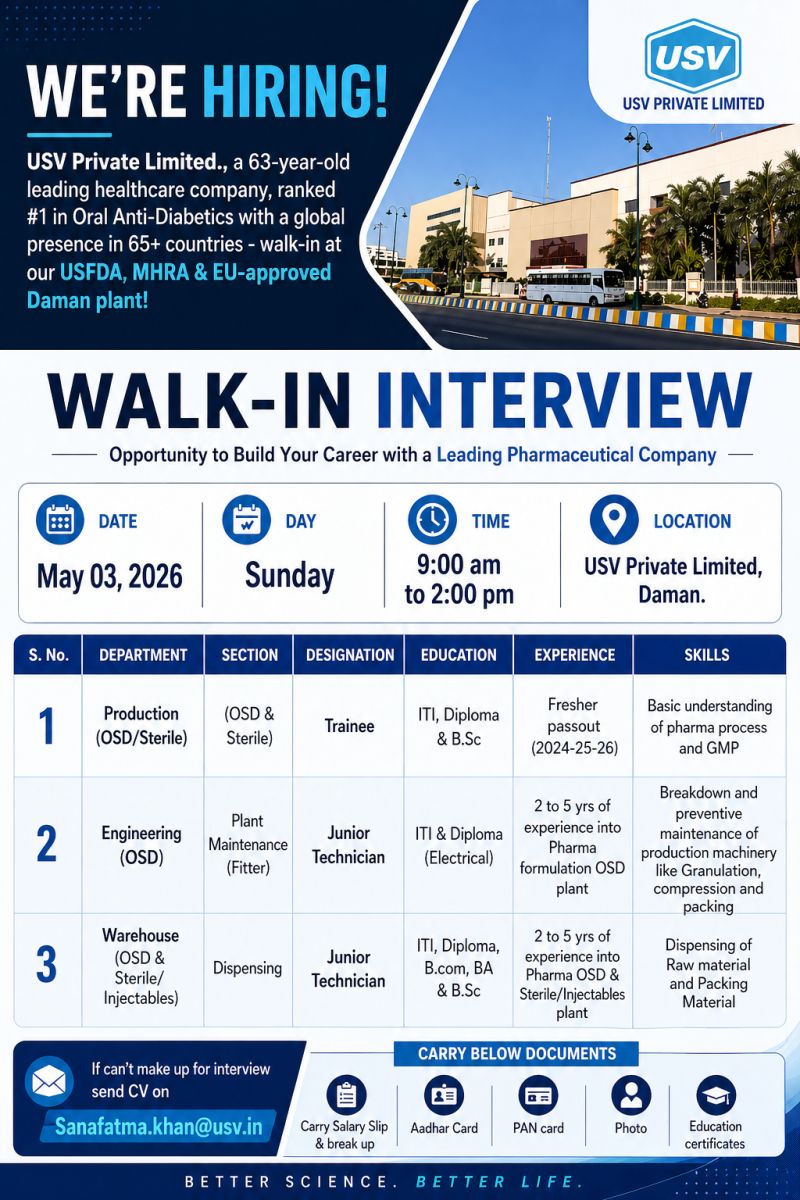 USV Private Limited – Walk-In Interview For Production, Engineering & Warehouse on 3rd May 2026