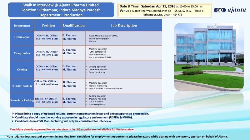 Ajanta Pharma Limited – Walk-In Interview For Production Department on 11 April 2026