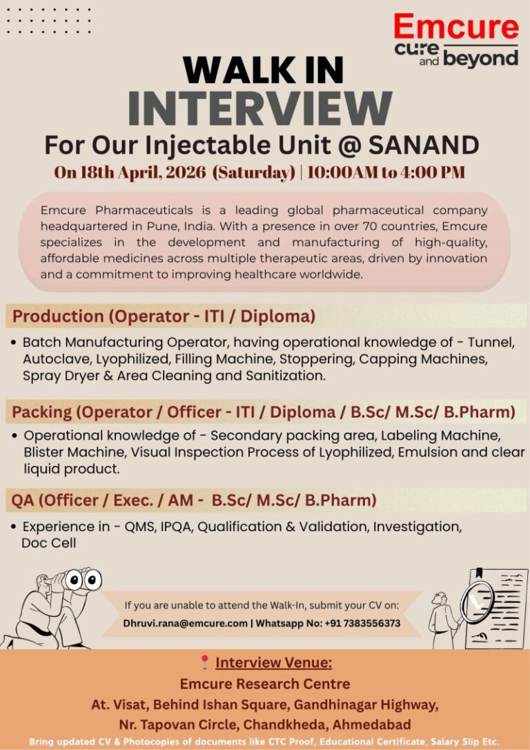 Emcure Pharmaceuticals – Walk-In Interview For Injectable Unit on 18 April 2026