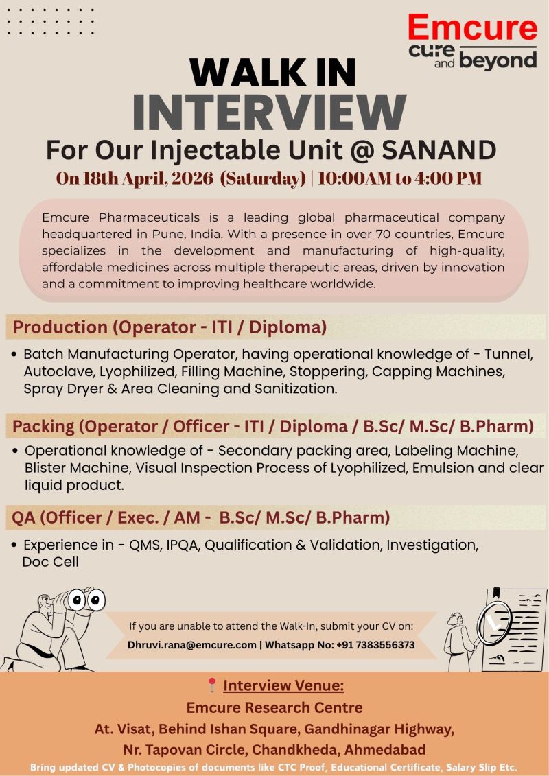 Emcure Pharmaceuticals – Walk-In Interview For Injectable Unit on 18 April 2026