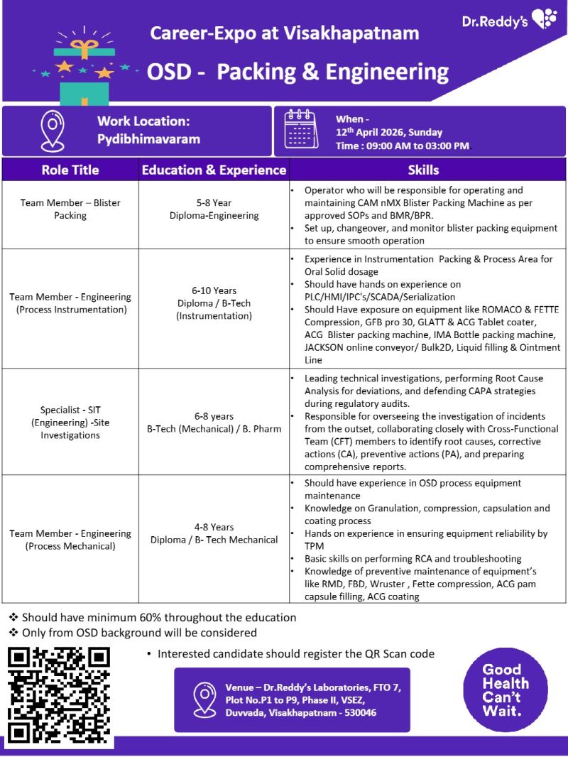 Dr. Reddy’s Laboratories – Walk-In Interview For OSD Packing & Engineering on 12 April 2026