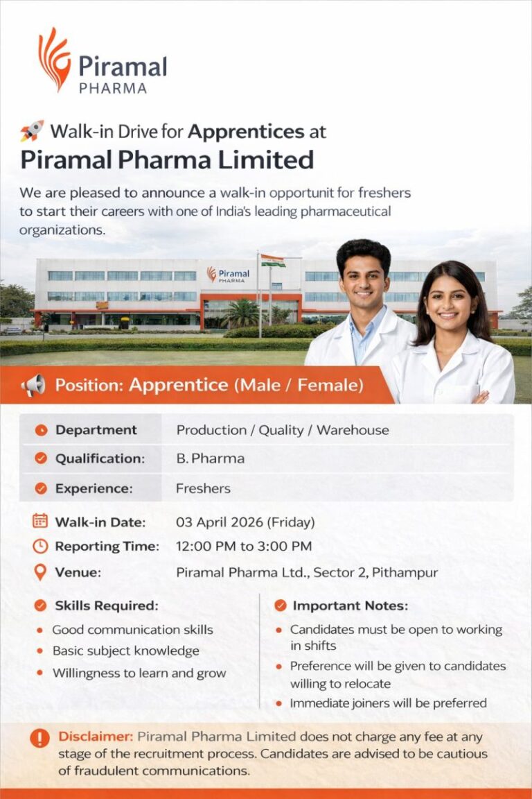 Piramal Pharma Limited – Walk-In Interview For Apprentices on 03 April 2026