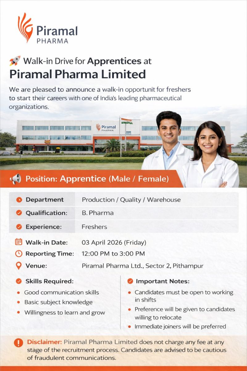 Piramal Pharma Limited – Walk-In Interview For Apprentices on 03 April 2026