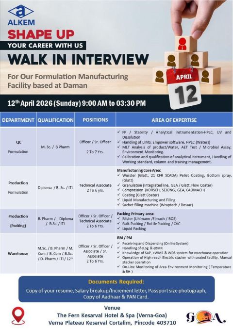 Alkem Laboratories Ltd – Walk-In Interview For Multiple Departments on 12 April 2026