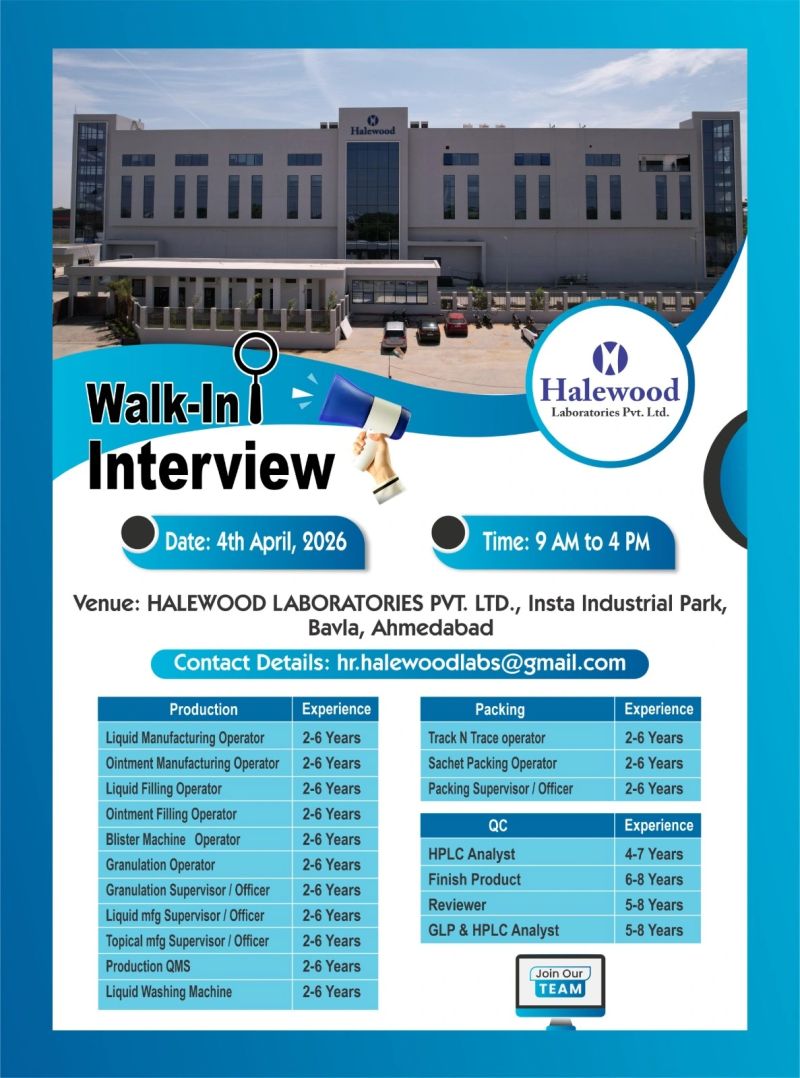 Halewood Laboratories Pvt. Ltd – Walk-In Interview For Multiple Departments on 4 April 2026