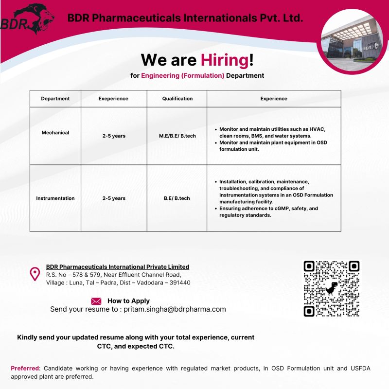BDR Pharmaceuticals Internationals Pvt. Ltd – Hiring For Engineering (Formulation) Department || Apply Now