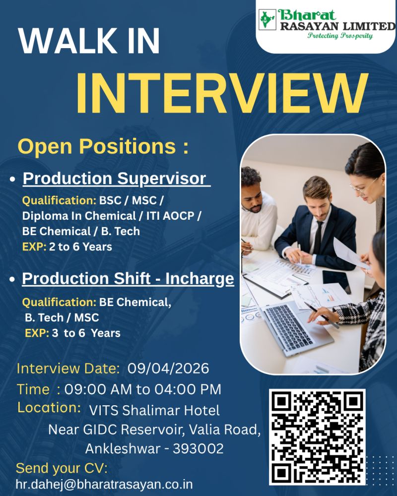 Bharat Rasayan Limited – Walk-In Interview For Production Department on 09 April 2026