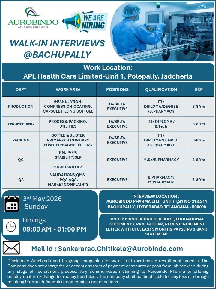 Aurobindo Pharma Ltd – Walk-In Interview For Multiple Departments on 3 May 2026