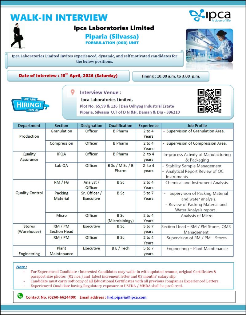 Ipca Laboratories Limited – Walk-In Interview For Multiple Departments on 18 April 2026