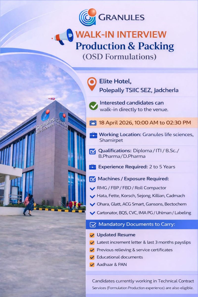 Granules Life Sciences – Walk-In Interview For Production & Packing (OSD Formulations) on 18 April 2026
