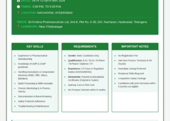 Sri Krishna Pharmaceuticals Limited – Walk-In Interview For Production (Operators & Chemists) on 04th to 09th May 2026