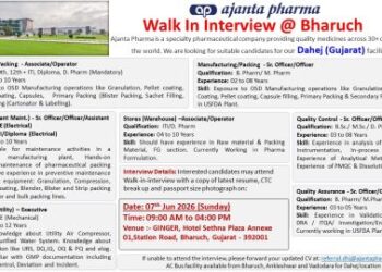 Ajanta Pharma – Walk-In Interview For Multiple Departments on 07 June 2026