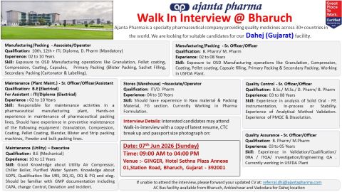 Ajanta Pharma – Walk-In Interview For Multiple Departments on 07 June 2026