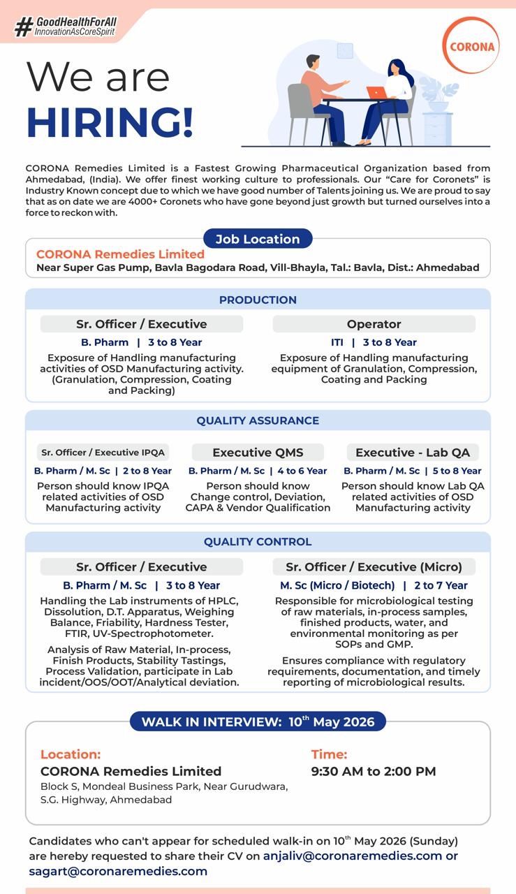 Corona Remedies Limited – Walk-In Interview For Production, QA & QC Departments on 10 May 2026