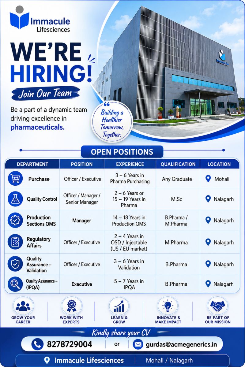 Immacule Lifesciences – Hiring For Multiple Departments || Apply Now