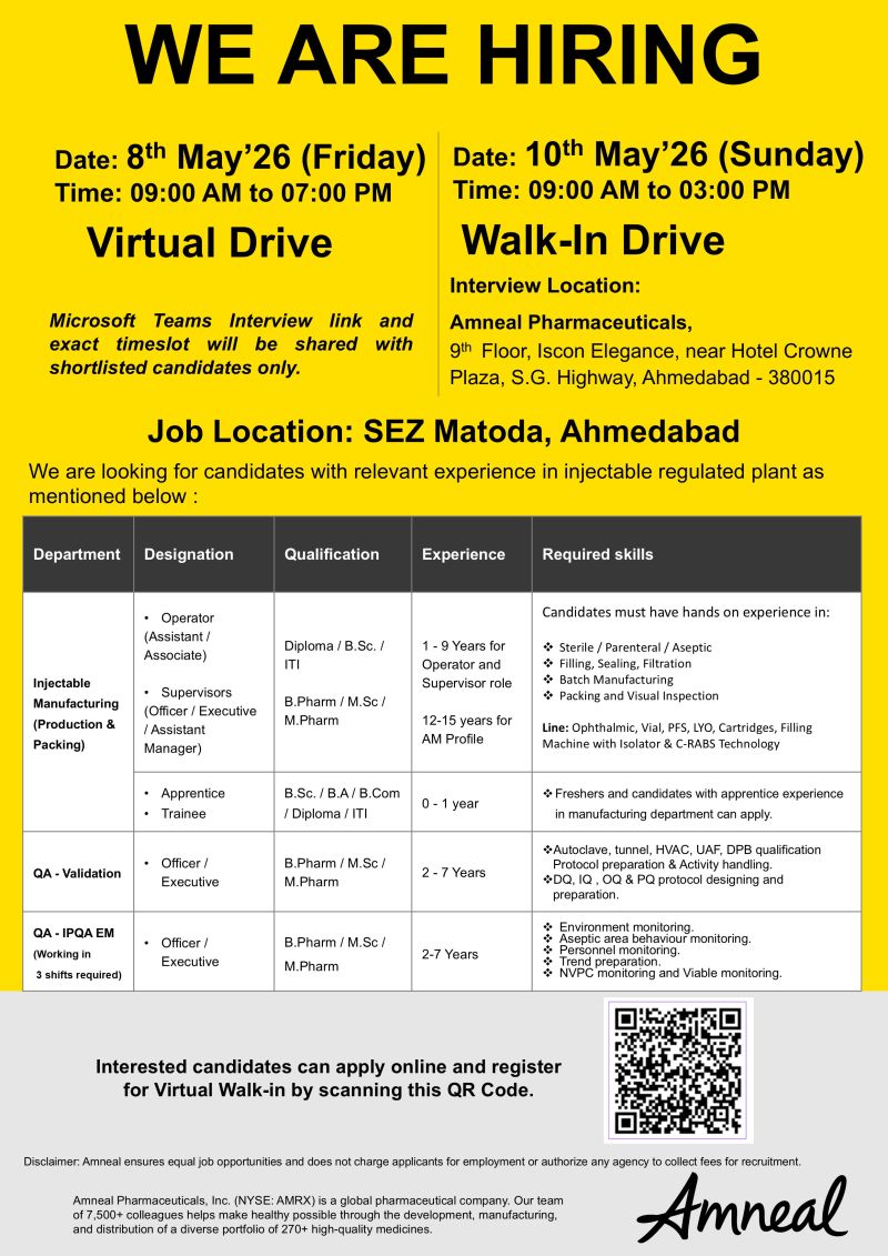 Amneal Pharmaceuticals – Walk-In & Virtual Drive For Injectable Manufacturing, QA & Validation on 8th & 10th May 2026