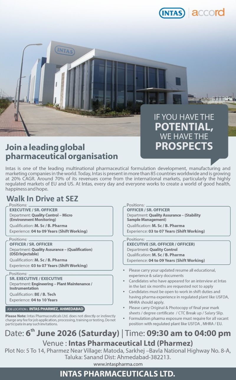 Intas Pharmaceuticals Ltd – Walk-In Drive For Quality Control, Quality Assurance & Engineering on 6 June 2026