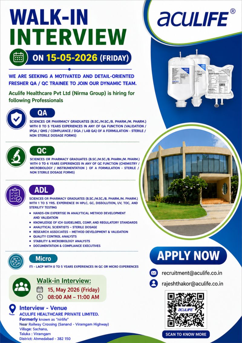 Aculife Healthcare Pvt. Ltd – Walk-In Interview For QA, QC, ADL & Micro on 15 May 2026