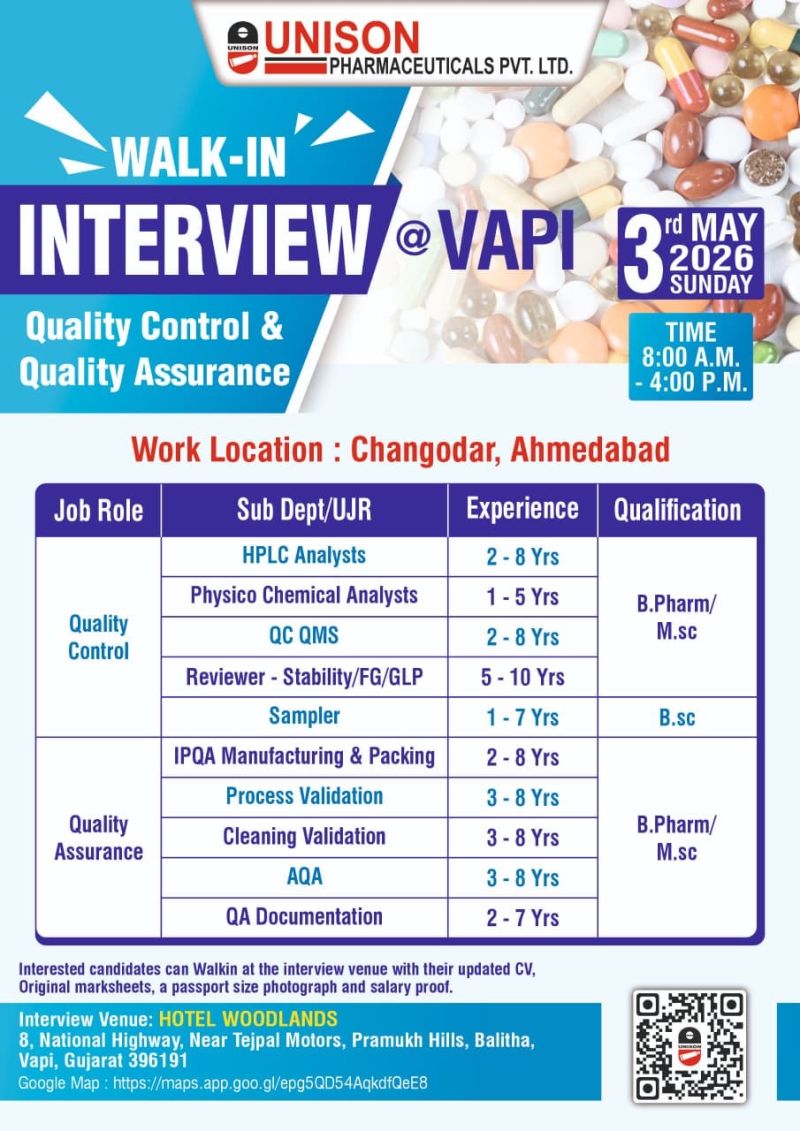Unison Pharmaceuticals Pvt. Ltd – Walk-In Interview For Quality Control & Quality Assurance on 3rd May 2026