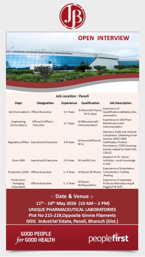 Unique Pharmaceutical Laboratories – Walk-In Interview For Multiple Departments on 11 May 2026