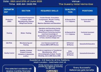 Aurobindo Pharma Ltd – Walk-In Interview For Multiple Departments on 06 & 07 June 2026