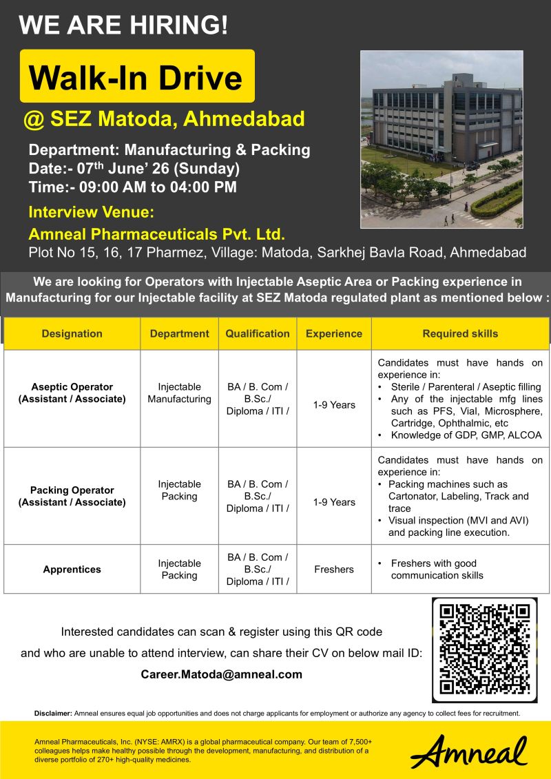 Amneal Pharmaceuticals Pvt. Ltd – Walk-In Drive For Manufacturing & Packing Departments on 07 June 2026