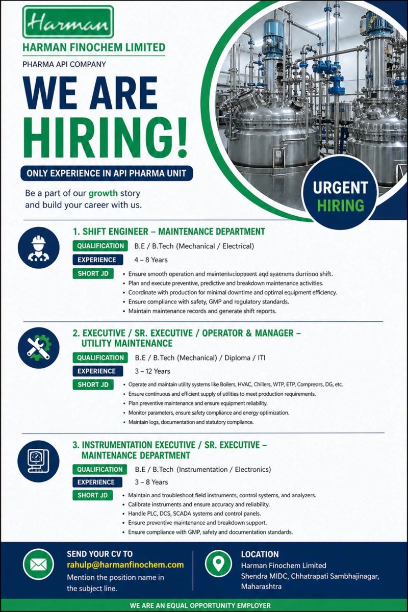 Harman Finochem Limited Hiring For Maintenance & Utility Departments || Apply Now