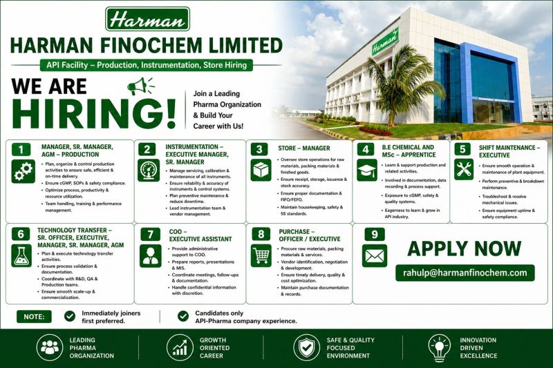Harman Finochem Limited – Hiring For Multiple Departments || Apply Now