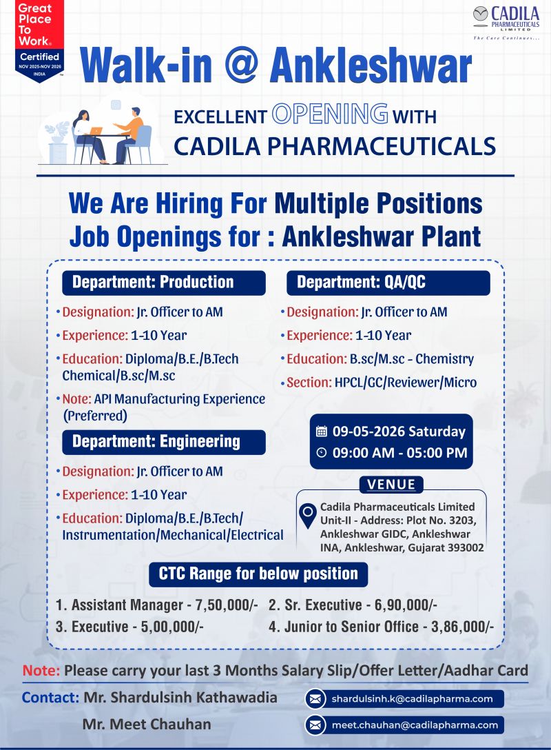 Cadila Pharmaceuticals Limited – Walk-In Interview For Production, QA/QC & Engineering on 09 May 2026