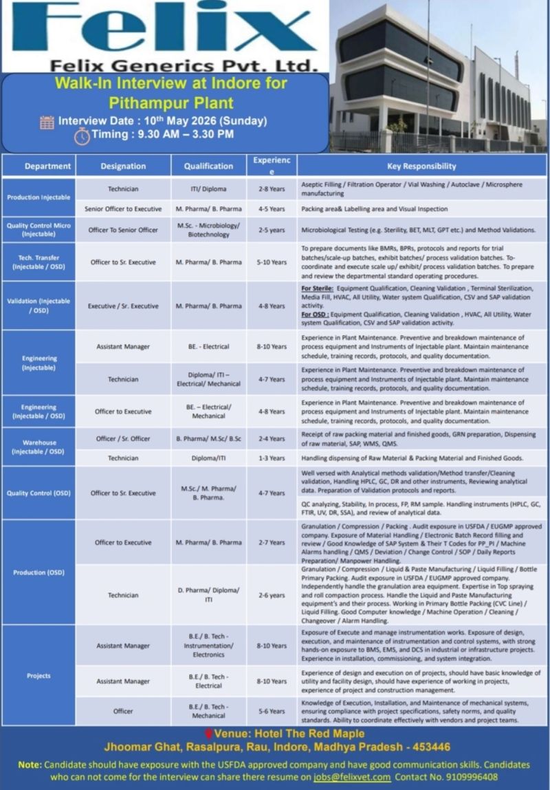 Felix Generics Pvt. Ltd – Walk-In Interview For Multiple Departments on 10 May 2026