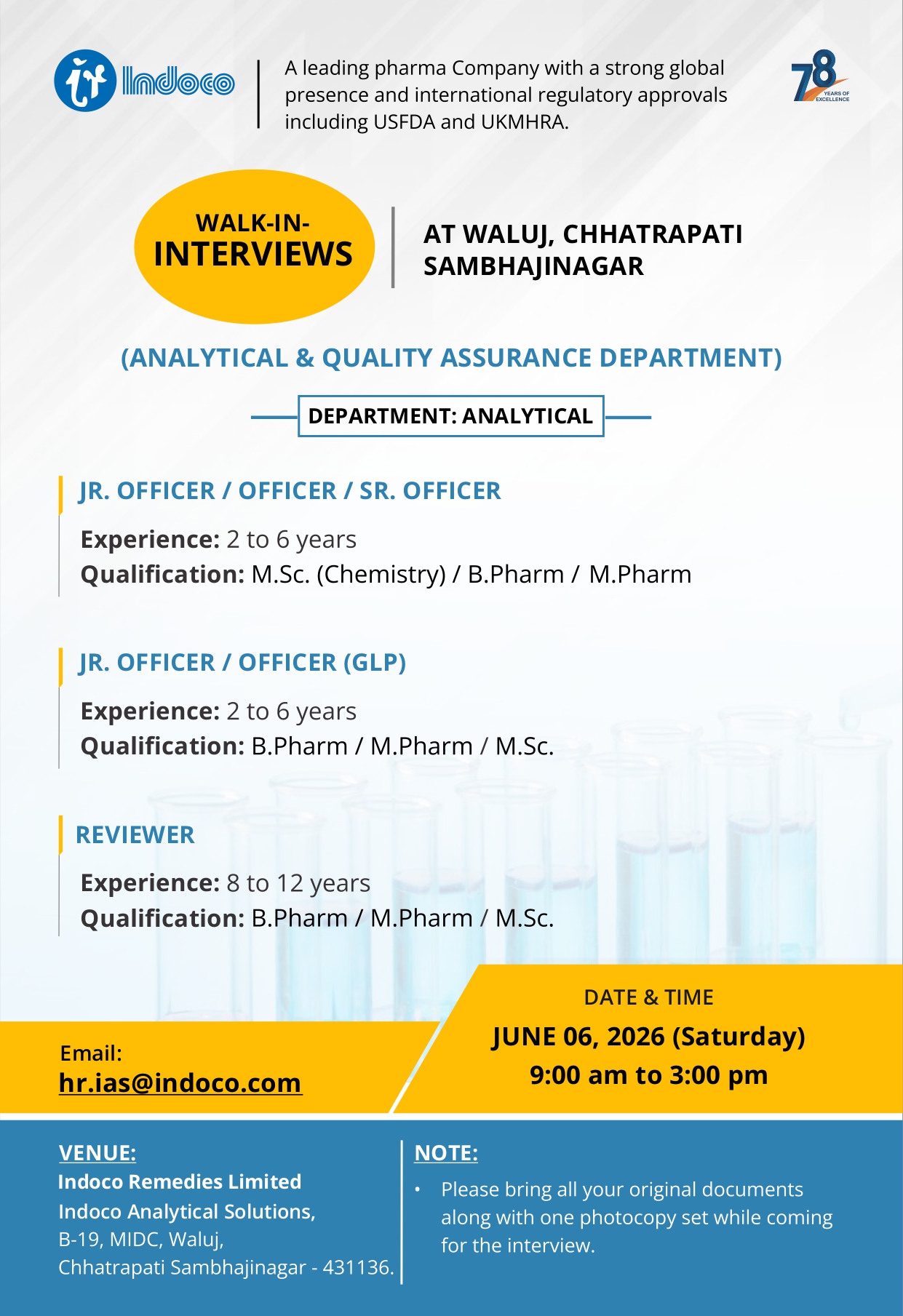 Indoco Remedies Limited – Walk-In Interview For Analytical & Quality Assurance Departments on 06 June 2026