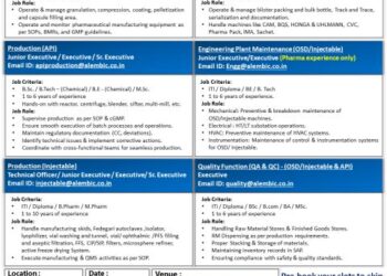 Alembic Pharmaceuticals Limited – Walk-In Drive For Multiple Departments on 07 June 2026
