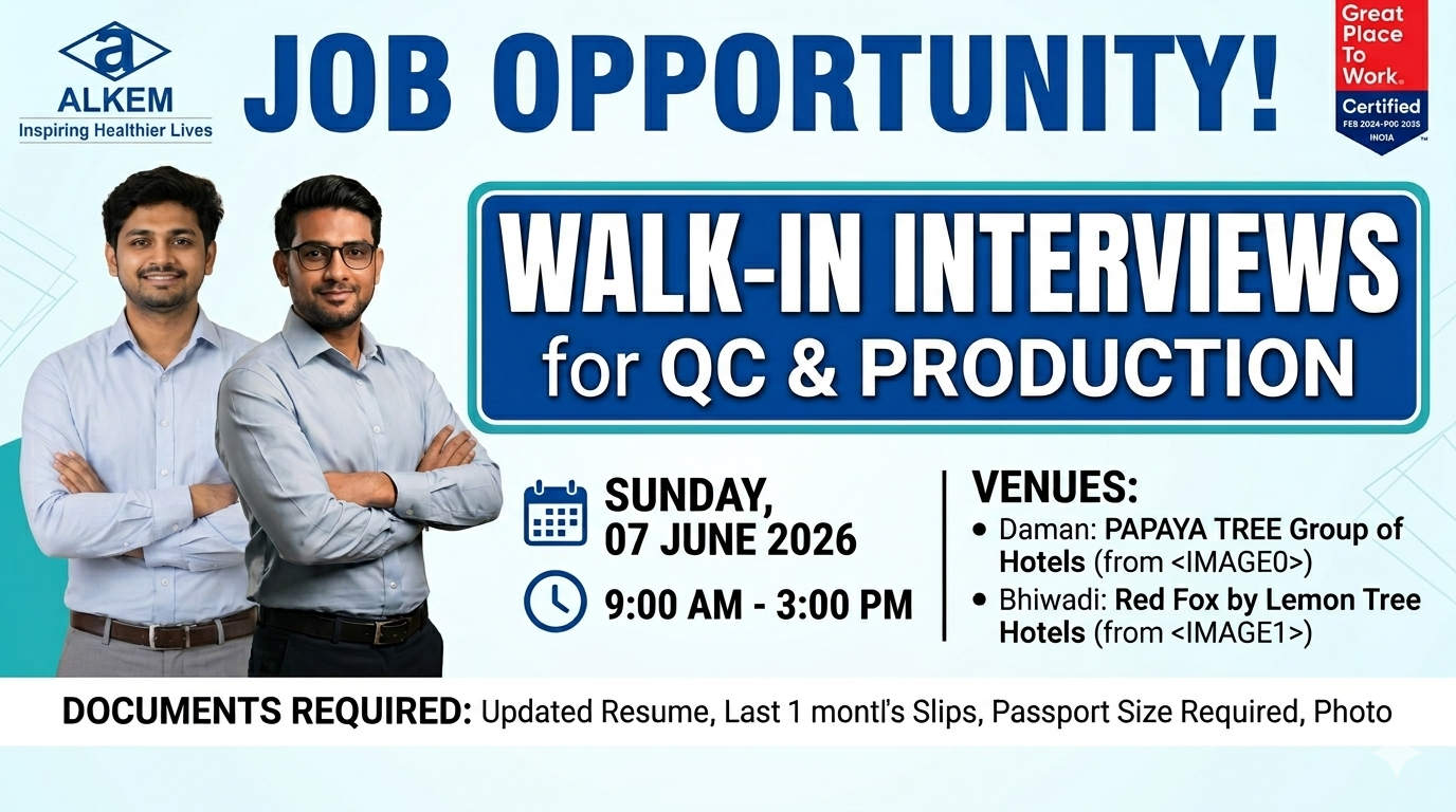 Alkem Laboratories Limited – Walk-In Interview For Production & Quality Control Departments on 07 June 2026