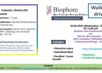 Biophore India Pharmaceuticals Pvt. Ltd – Walk-In Interview For Production Chemist (API) on 03 June 2026