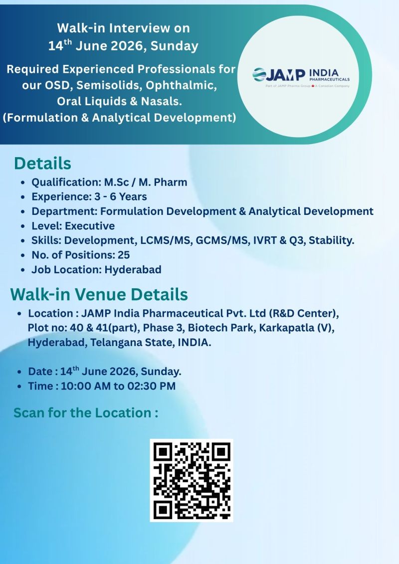 JAMP India Pharmaceuticals Pvt. Ltd – Walk-In Interview For Formulation & Analytical Development on 14th June 2026