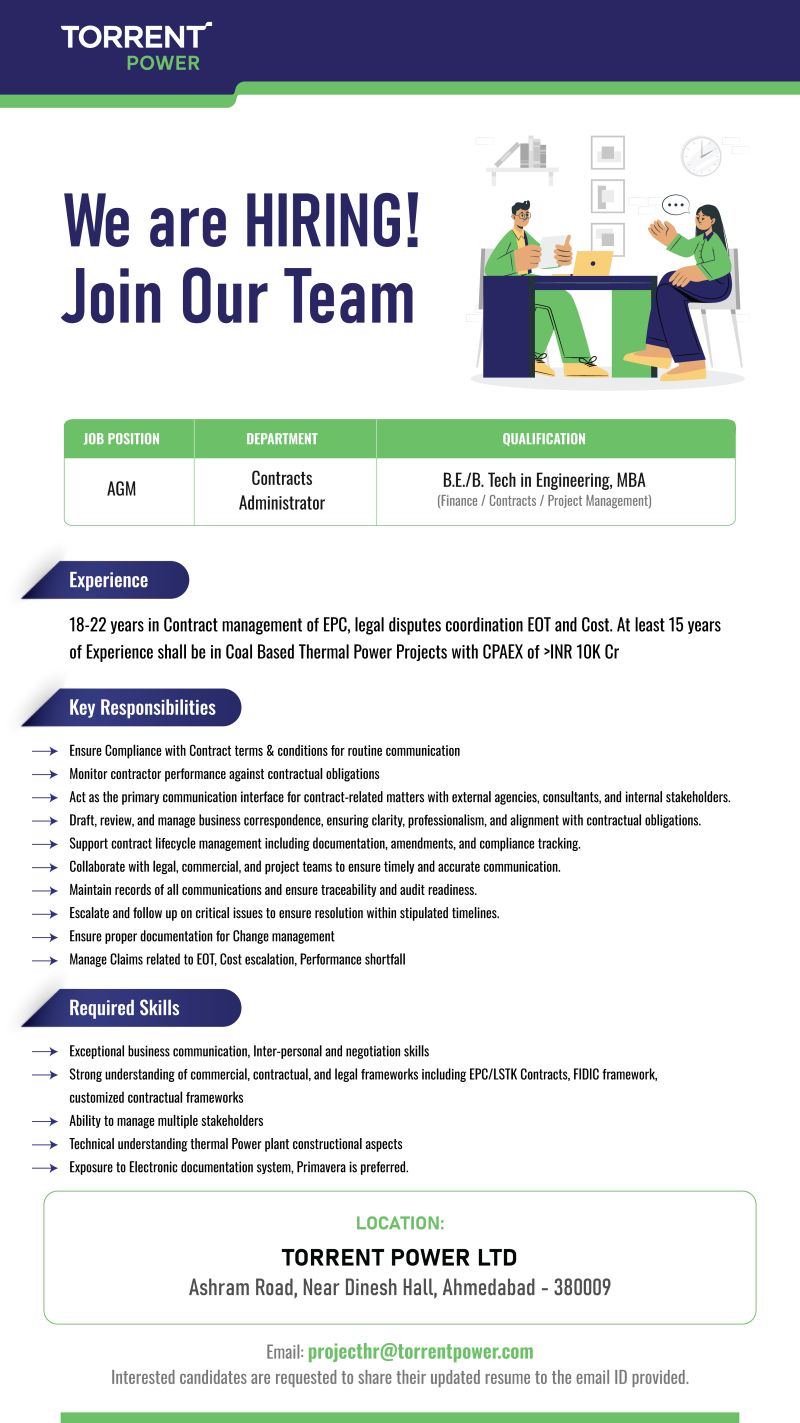 Torrent Power Ltd – Hiring AGM Contracts Administrator | Apply Now